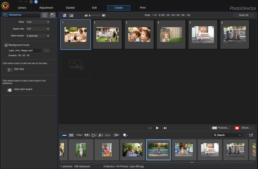 Nella modalità Crea di CyberLink PhotoDirector ti consente di creare una serie di cose diverse come presentazioni e GIF animate