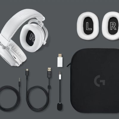 Logitech G PRO X 2 LIGHTSPEED, contenuto della confezione nel colore bianco contenente cavi ed accessori