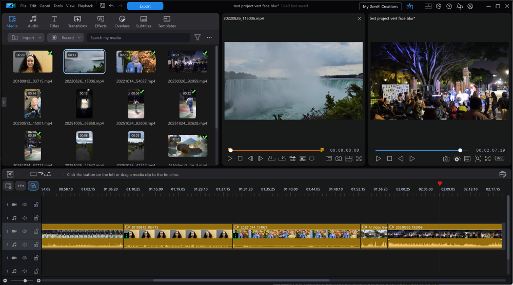 L'interfaccia di editing di CyberLink PowerDirector 365 mantiene i tradizionali pannelli divisi Sorgente e Anteprima